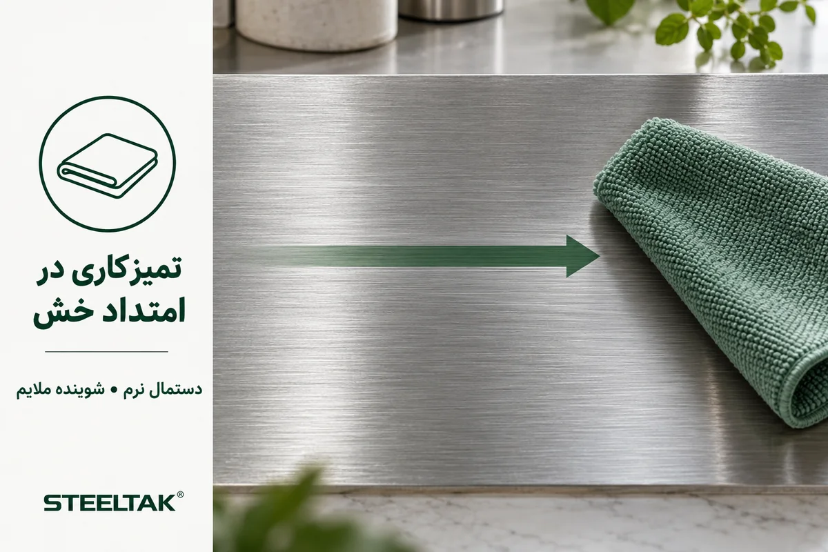 راهنمای تمیزکاری ورق استیل خشدار با دستمال نرم در امتداد خطوط سطح