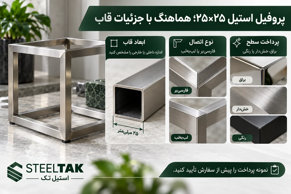 راهنمای انتخاب پروفیل استیل ۲۵ در ۲۵ استیل تک؛ هماهنگی قاب، اتصال و پرداخت سطح