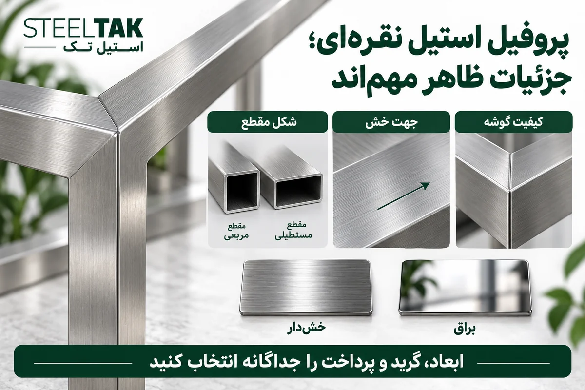 راهنمای انتخاب پروفیل استیل نقره‌ای استیل تک؛ شکل مقطع، جهت خش و هماهنگی سطح قاب